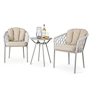 3 Piece Outdoor Patio Bistro Set, Patio Furniture Set for 1 Iron Patio Table and 2 Dining Chairs, Balcony Furniture Patio Table