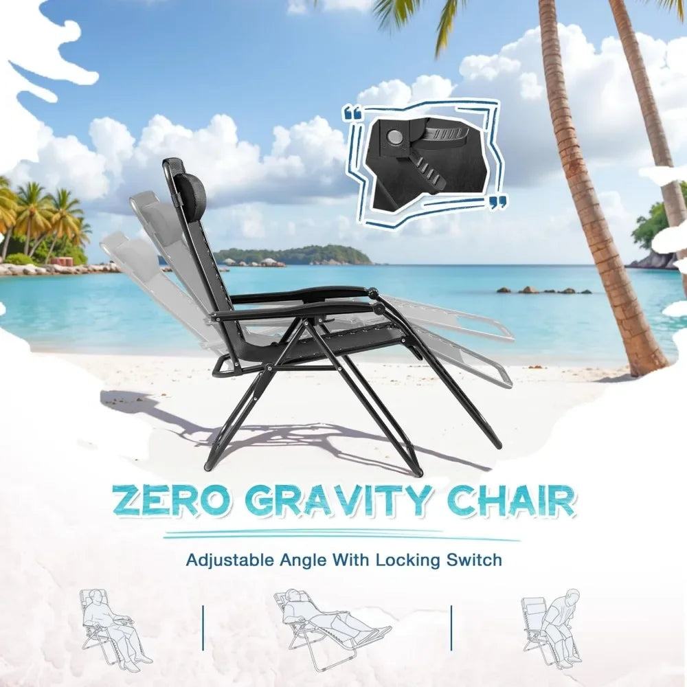 Zero Gravity Chairs Set of 2 Adjustable Steel Mesh Recliners Beach Deck Lawn Camping Patio Foldable Lounge Chair with Cup Holder