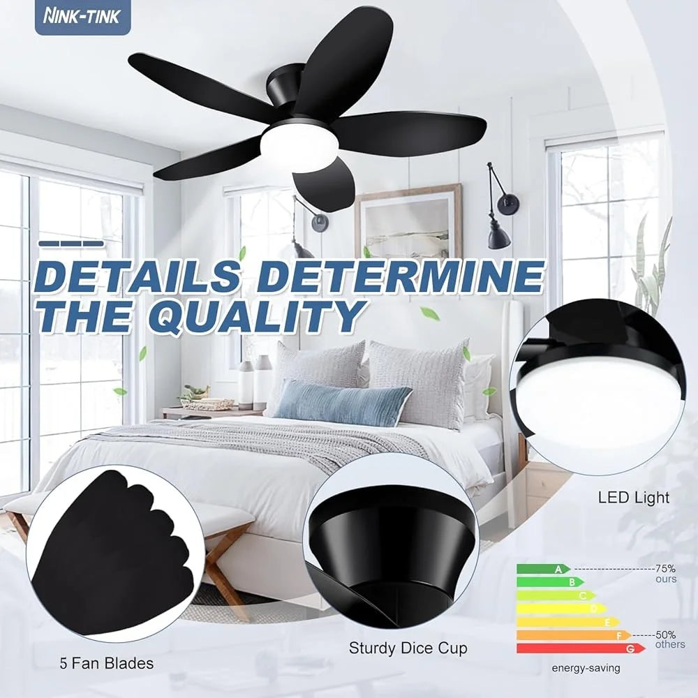 Small Ceiling Fan with Lights Remote Control Low Profile 35 Inch Flush Mount 6 Speed Reversible DC Motor Quiet LED Light Timer