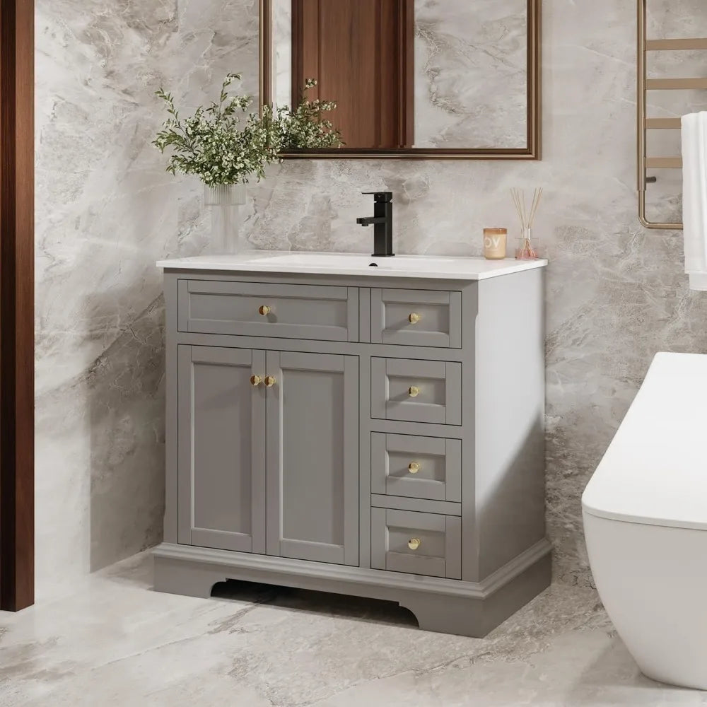 36" Bathroom Vanity with Sink Combo, Vintage Bathroom Vanities Storage Cabinet w/Painted Surface, Raised Arch Feet, Soft Closin