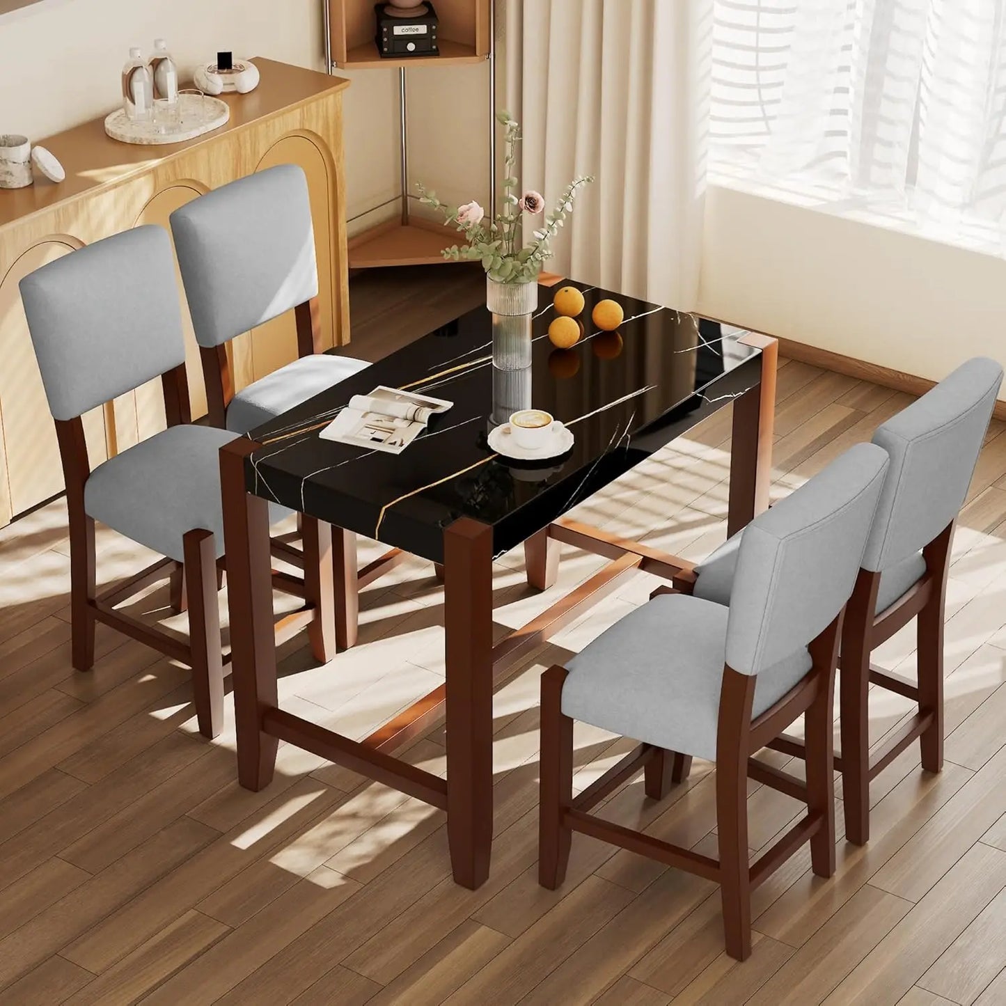 5-Piece Counter Height Dining Set with 1 Faux Marble Top Bar Table and 4 Upholstered Chairs, Mid-Century Modern Kitchen Table S