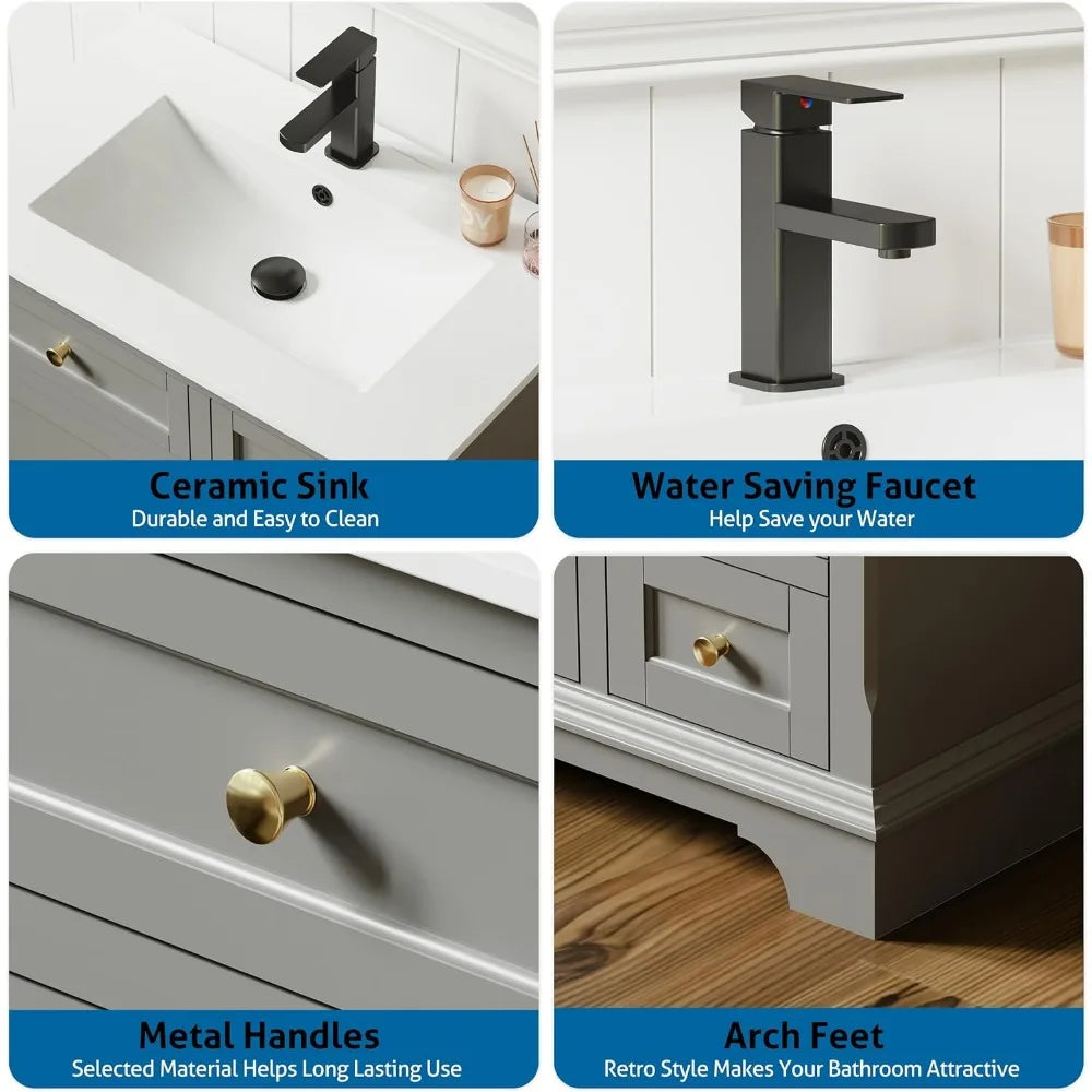 36" Bathroom Vanity with Sink Combo, Vintage Bathroom Vanities Storage Cabinet w/Painted Surface, Raised Arch Feet, Soft Closin