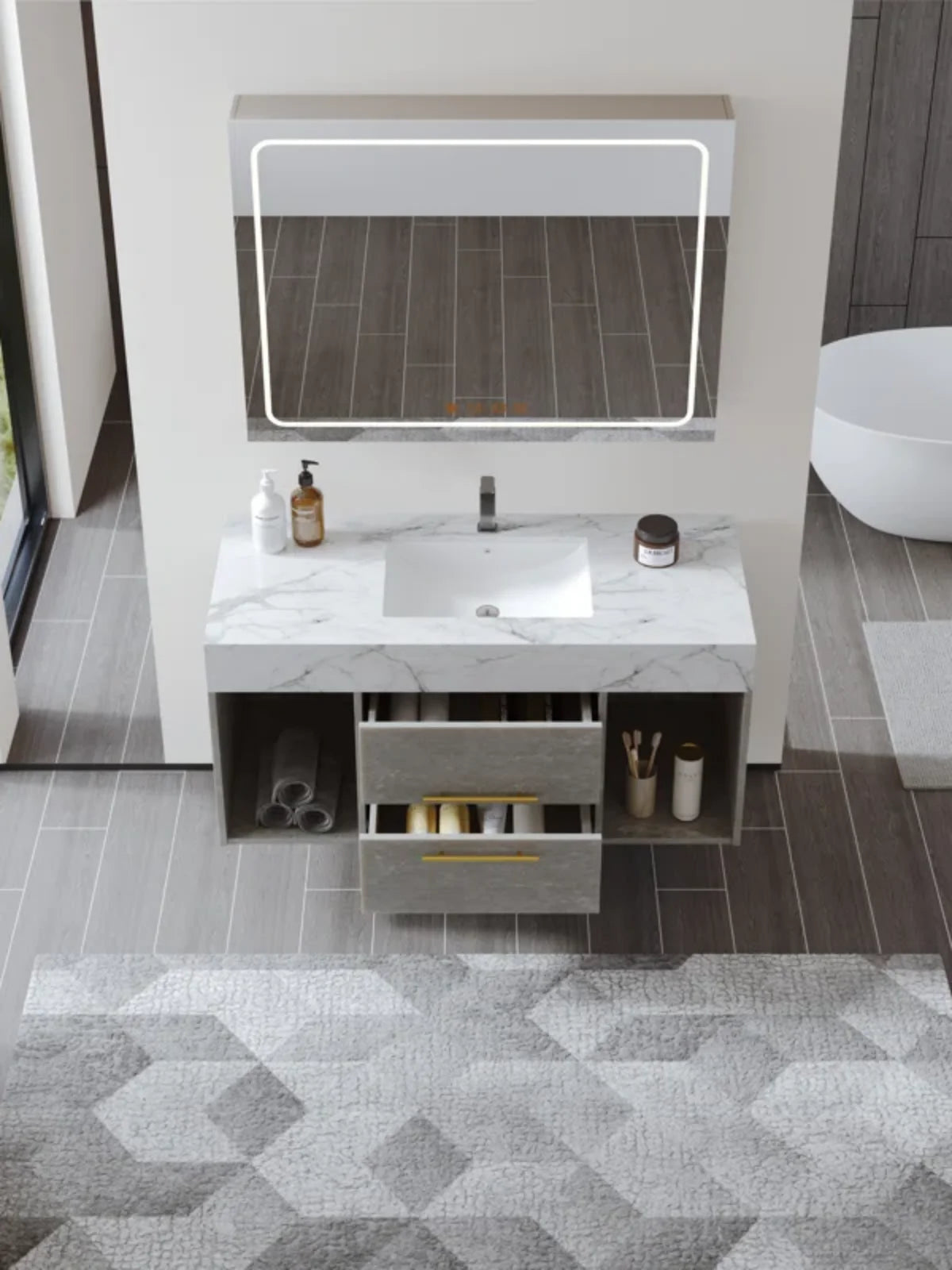 Wall mounted single bathroom dressing table easy to clean and install with artificial marble countertop