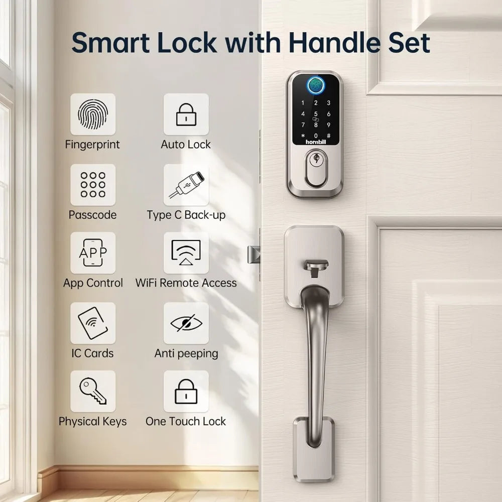 2 Pack WiFi Fingerprint Smart Door Lock: Keyless Entry Door Lock Deadbolt with Handle,Hornbill Smart Locks for Front Door, Entry