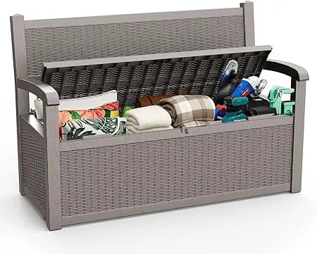 80 Gallon Storage Bench Deck Box Outdoor with Armrests,Storage Furniture Waterproof Lockable for Porch Patio and Garden(Gray)
