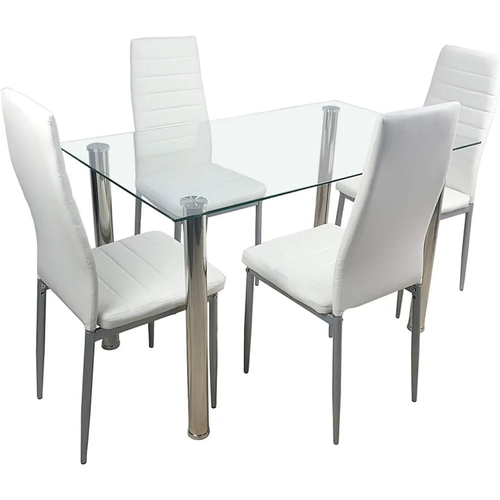 5-Piece Dining Table Set with 1 Glass Dining Table and 4 PVC Chairs, Modern Dining Table Set Living Room