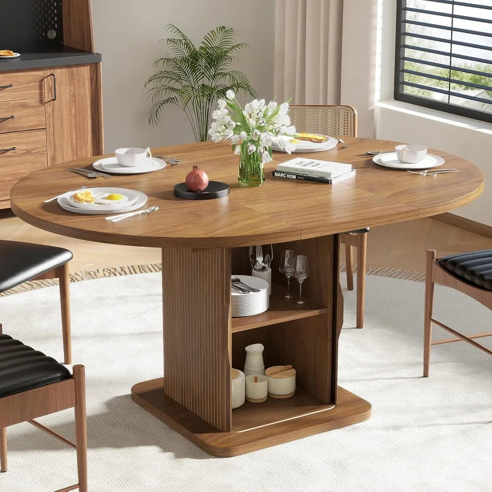Extendable Round Dining Table for 4-6-8, 59 Inch Dining Room Kitchen Table with Storage, Fluted Wood Slide Door, Modern Oval Bre