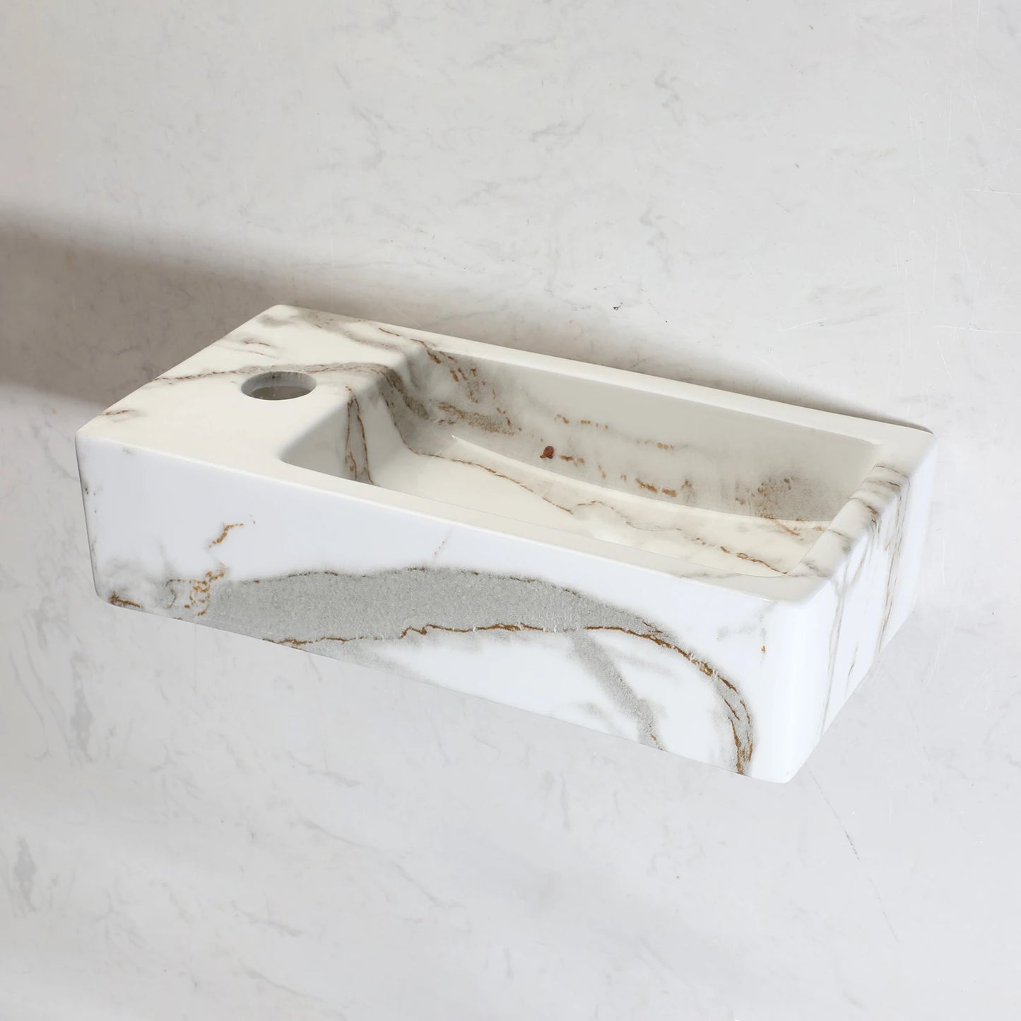 KEMAIDI Wall Mounted Marbling Vessel Sink 15x7 inch Rectangular White Floating Small Bathroom Ceramic Sinks Porcelain Basin Bowl