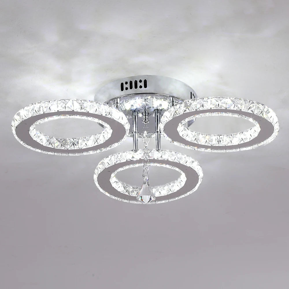 Crystal Chandelier Ceiling Lamp 3Rings Chrome Pendant Light Modern Flush Mount Fixtures for Bedroom Living Dining Room Luminaire