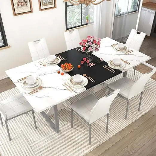 7-Piece Dining Table Set|Wooden Dining Table with 6 Upholstered Chairs for 6 People|70in Kitchen Table W/Waterpoof Tabletop,Leat