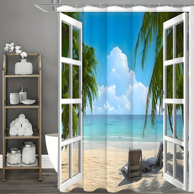 Shower Curtain, Palm Tree Decor Ocean Beach Seascape Through White Wooden Windows