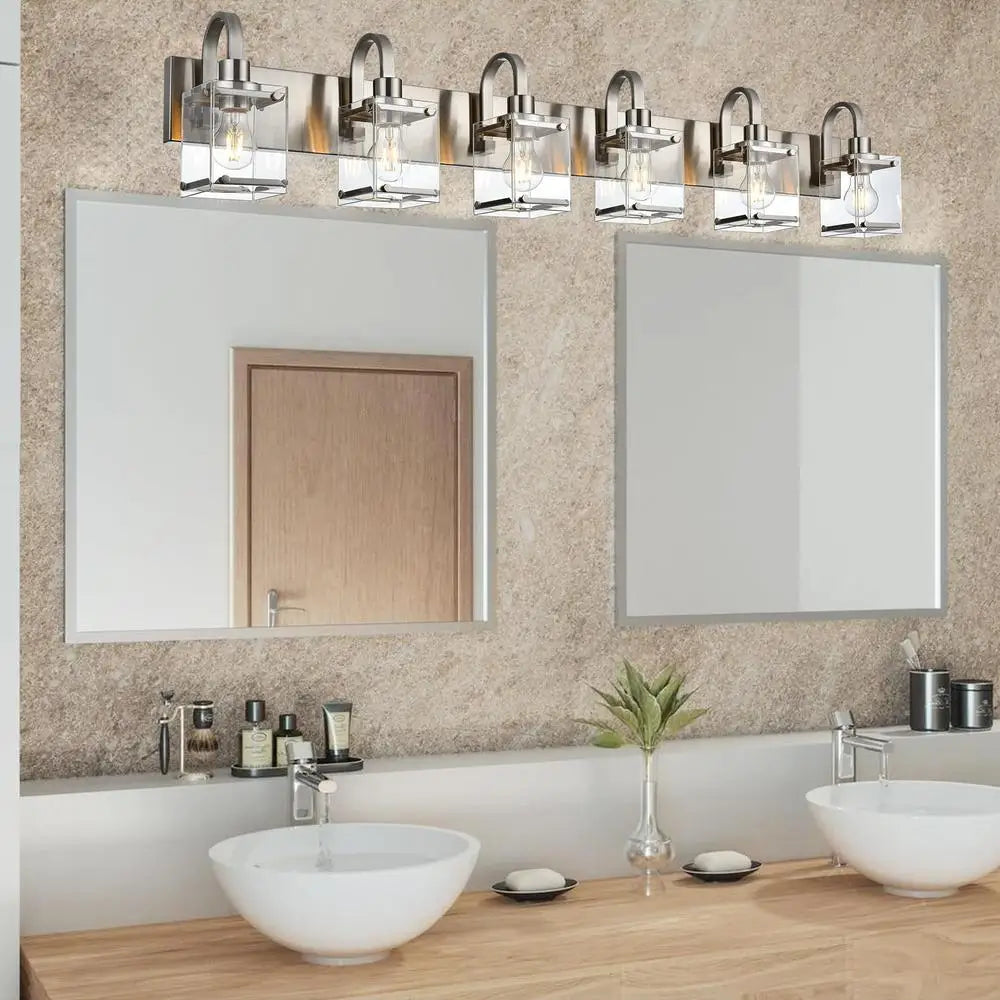 Modern Brushed Nickel Wall Sconce Clear Glass Vanity Light Fixture 6-Light Bathroom Kitchen Bedroom E26 Base Bulb Compatible