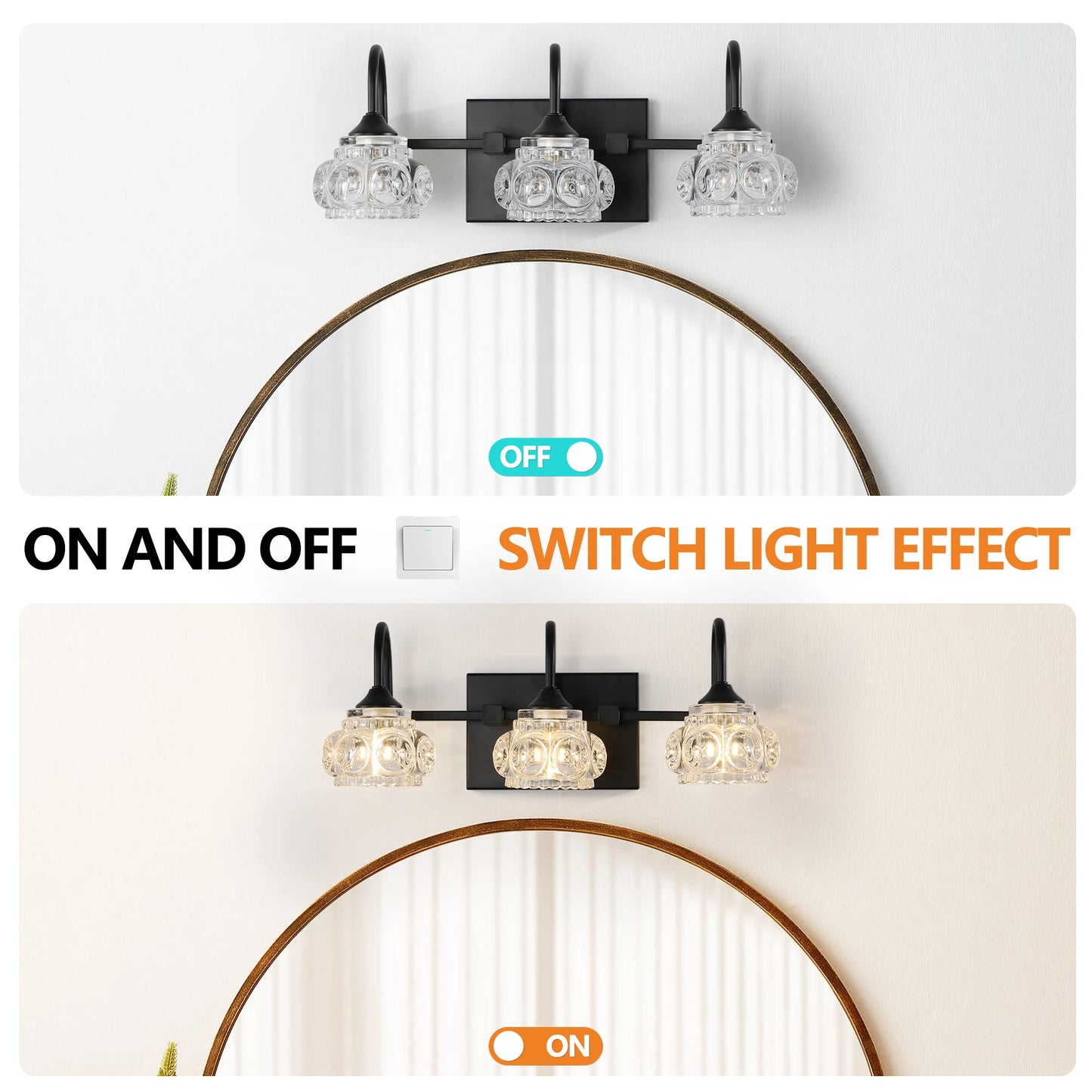 17" Retro 3-Light Bathroom Vanity Light Fixture - Black Finish with Crystal Glass Shades, Wall Mounted Lighting
