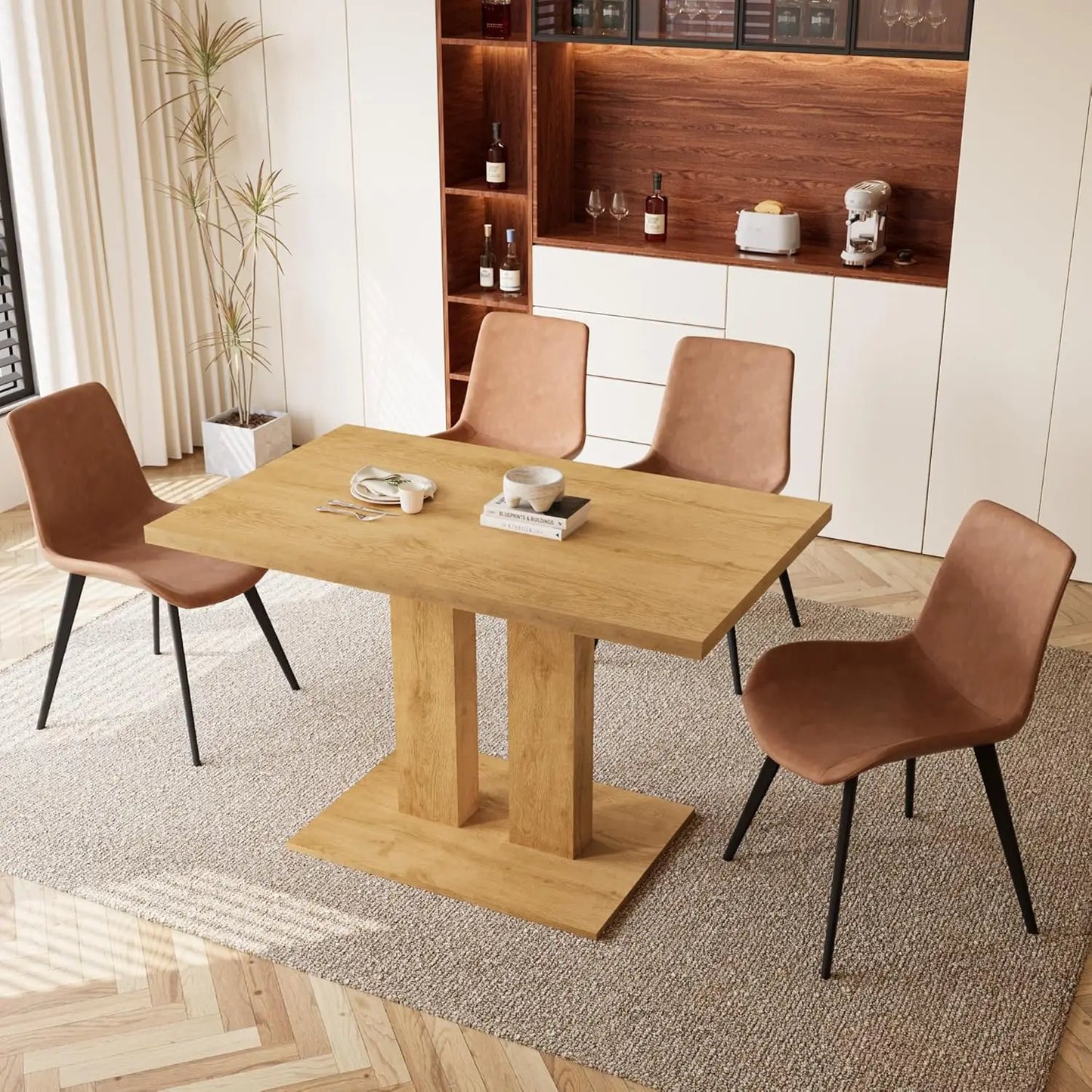 Dining Table Set – 46" Modern Oak Table with 4 Faux Leather Chairs, Rectangular Kitchen & Dining Set