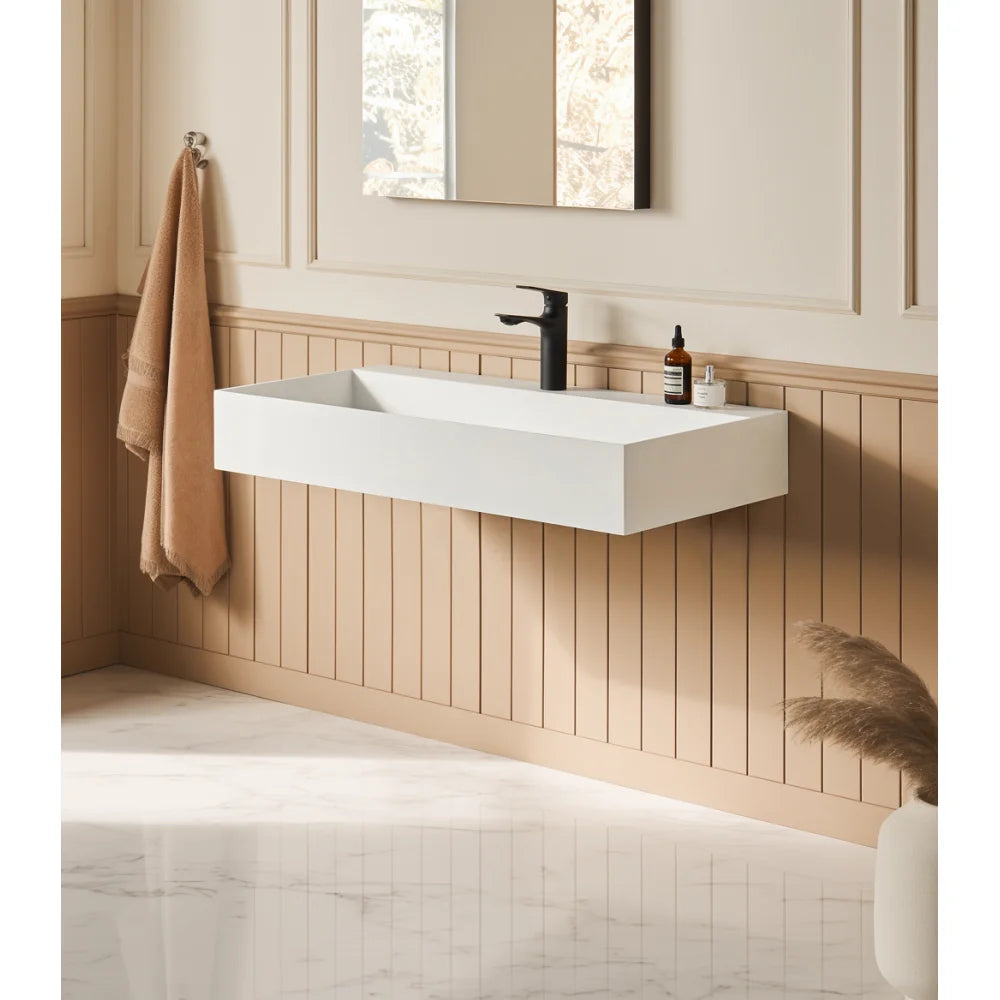 36" x 18" Solid Surface Wall Mount Rectangle Matte White Vessel Sink with Faucet Hole