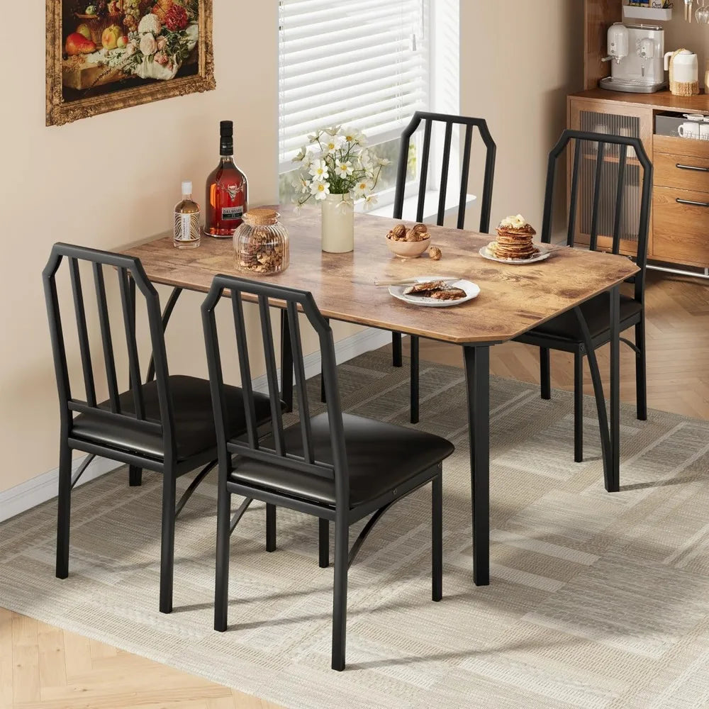 Dining Table Set for 4, Kitchen Table and Chairs for 4 with with Chamfer Design, 5 Piece Dining Room Table Set with Cushion Sea