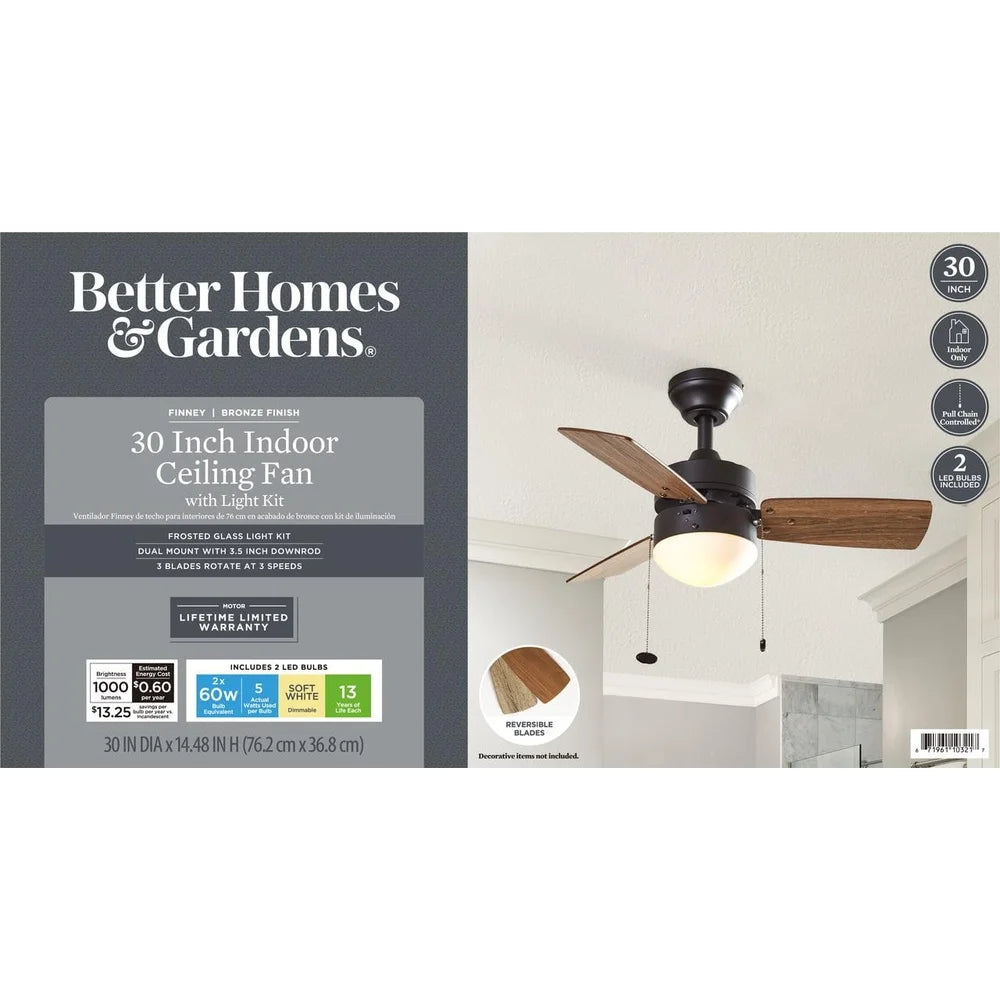 30 Inch Modern Ceiling Fan with Light Indoor Pull Chain Quiet Reversible Airflow Energy Saving Dimmable LED Frosted Globe Light