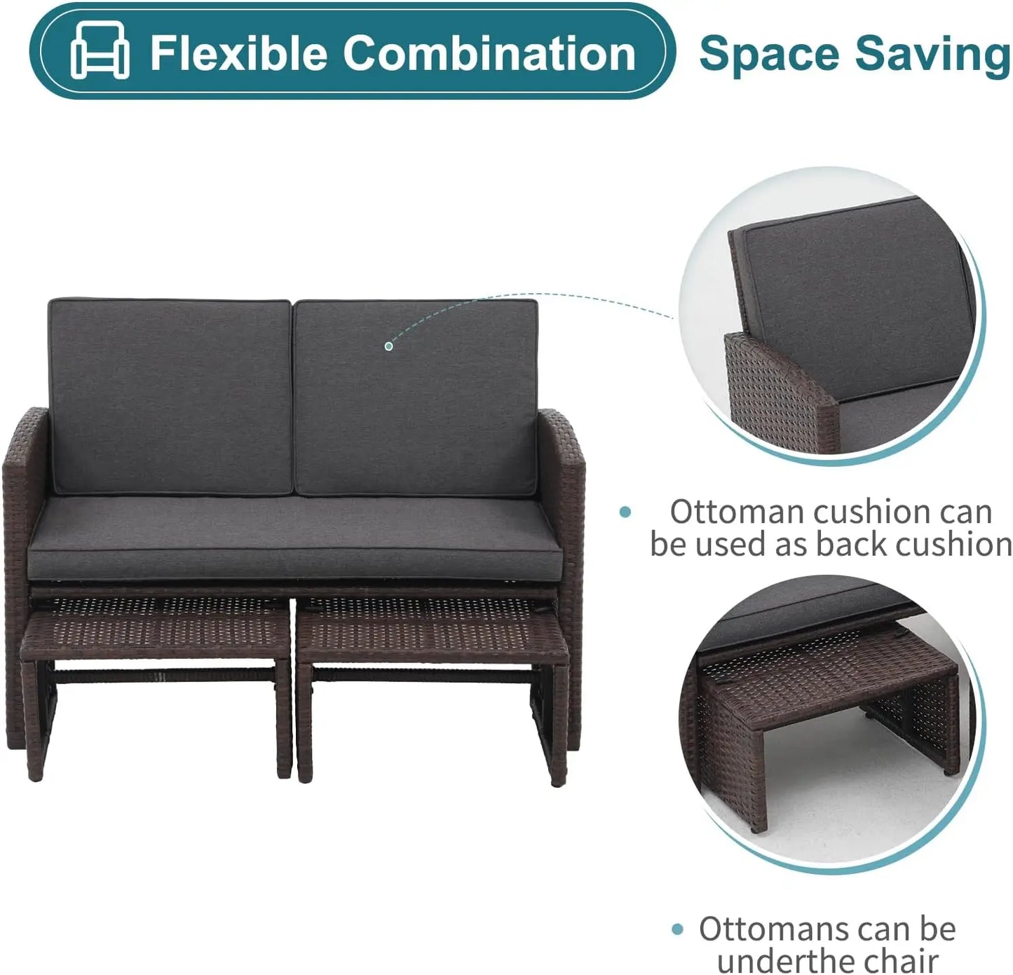Outdoor Loveseat 3 Piece Patio Furniture Set Outdoor Conversation Set All-Weather Wicker Love Seat with Ottoman/Side Table, Brow