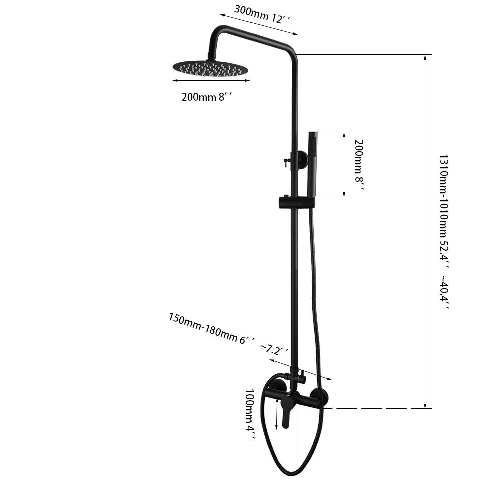KEMAIDI Matte Black Exposed Shower System 8 Inch Rainfall Shower Head Wall Mounted Outdoor Shower Fixtures Bathroom Shower Set