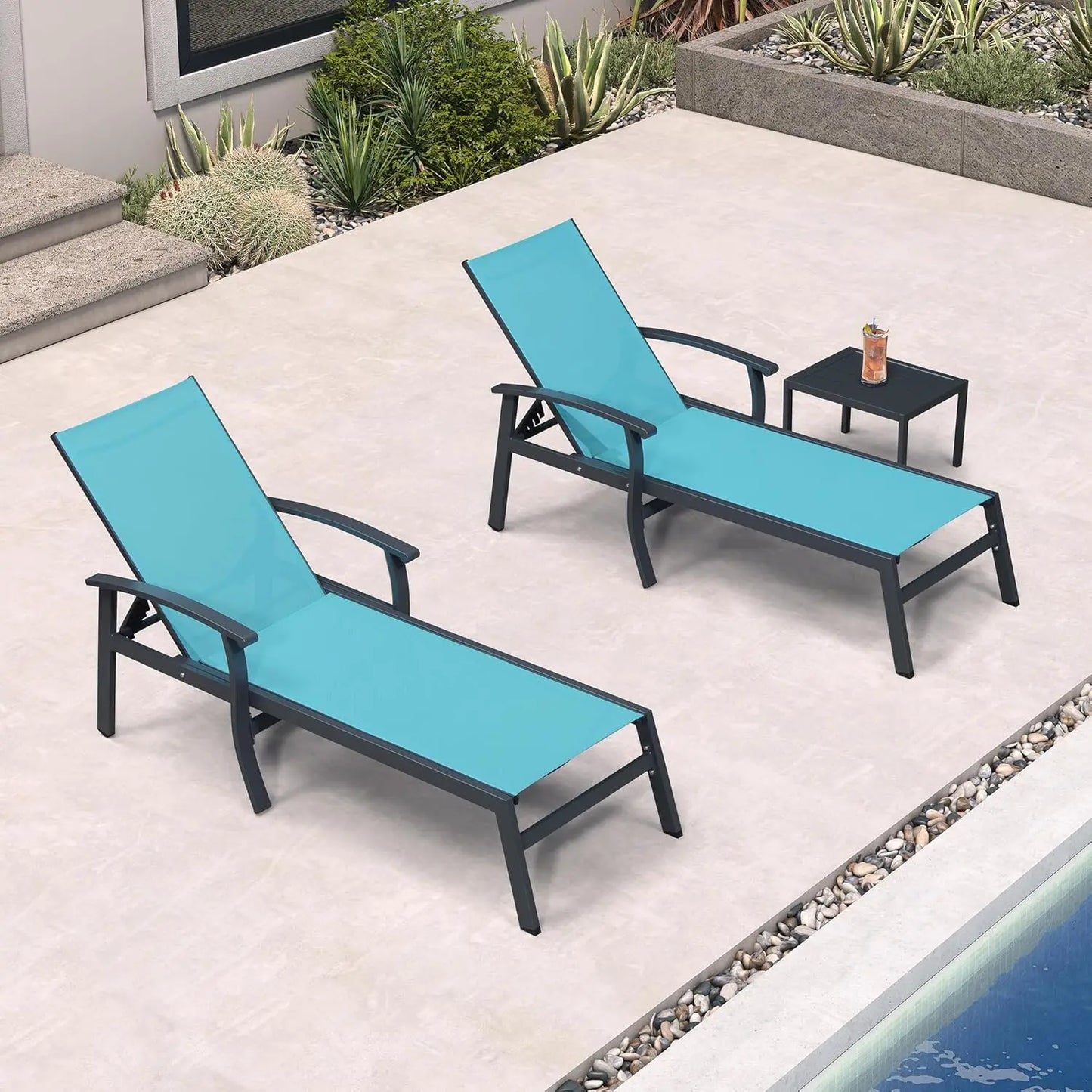 Outdoor Poolside Lounge Chairs Set of 2 with Adjustable Positions, Armrests, and Side Tables - Aluminum Patio Furniture