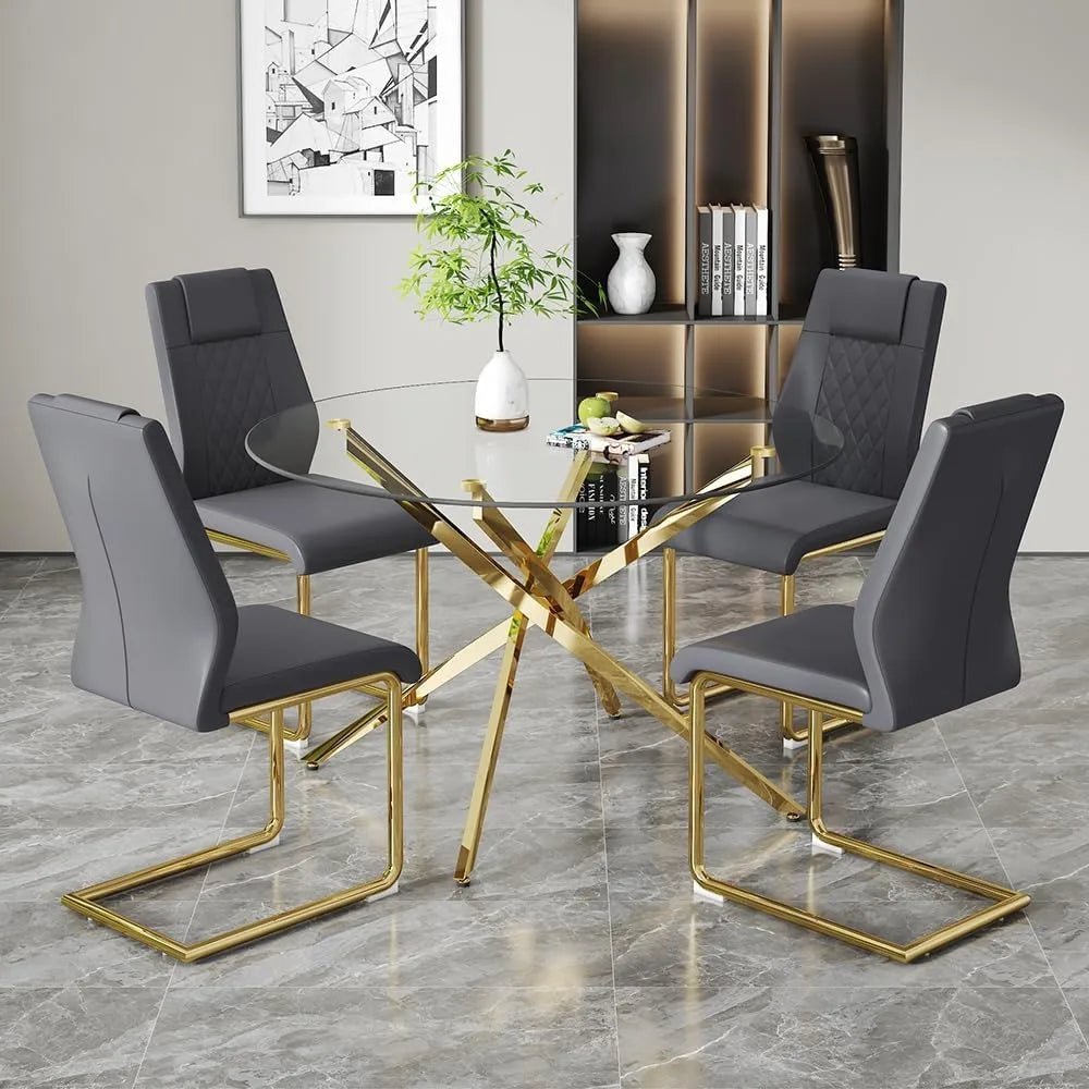 Round Glass Dining Table Set for 4,5 Piece Modern Tempered Glass Kitchen Dining Table Chairs Set,47 Inch Modern Glass Dining
