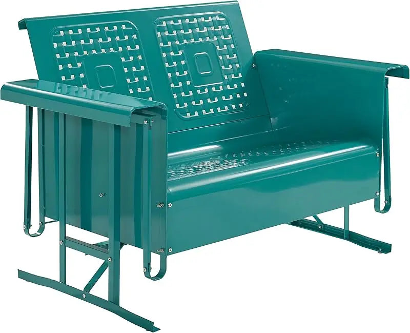 Bates Retro Metal Outdoor Loveseat Glider, 2-Person Rocking Patio Bench for Porch, Deck, Turquoise Gloss