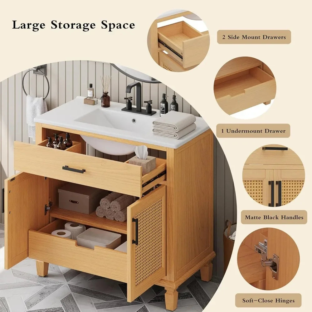 36" Bathroom Vanity with Sink, Modern Solid Wood Floor Standing Bathroom Cabinet with Ample Storage Space, Bathroom Vanities wi
