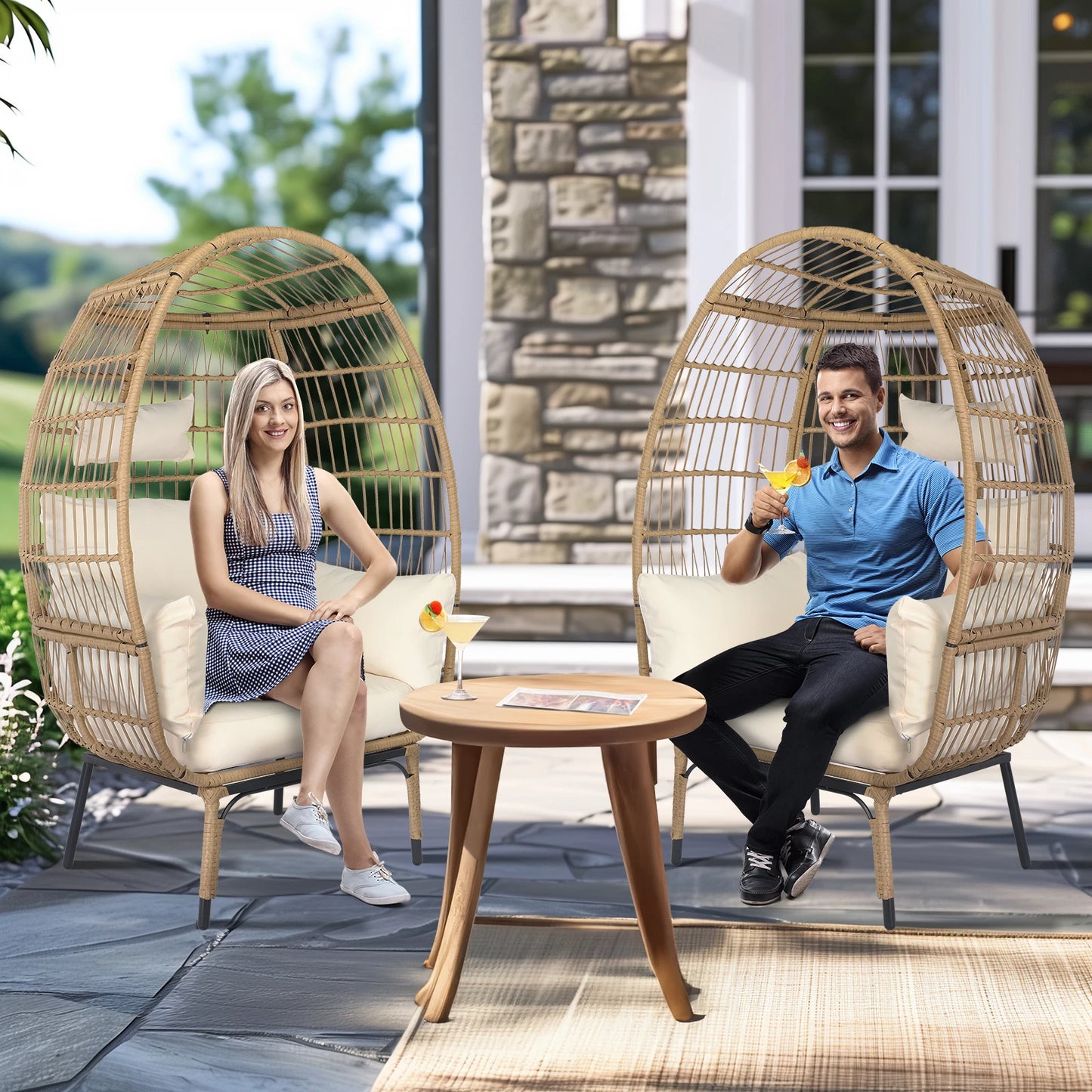 Wicker Egg Chair, Oversized Indoor Outdoor Lounger with Stand and Cushions Beige Rattan & Creamy White Cushion