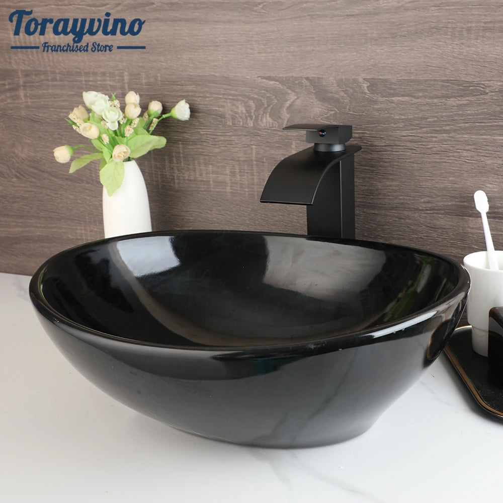 Torayvino Bathroom Basin Sink Faucet Combo Ceramic Lavatory Above Counter Art Basin Vanity Sink Matter Black Faucet Mixer