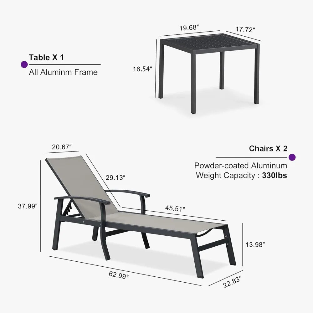 Outdoor Poolside Lounge Chairs Set of 2 with Adjustable Positions, Armrests, and Side Tables - Aluminum Patio Furniture
