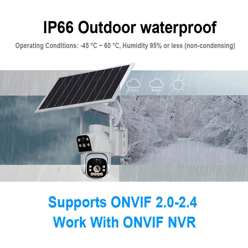 4G Solar Power Battery IP Camera PTZ Dual Lens SIM Card Wireless Auto Tracking Outdoor Waterproof PIR Full Color IR HD Home Cam