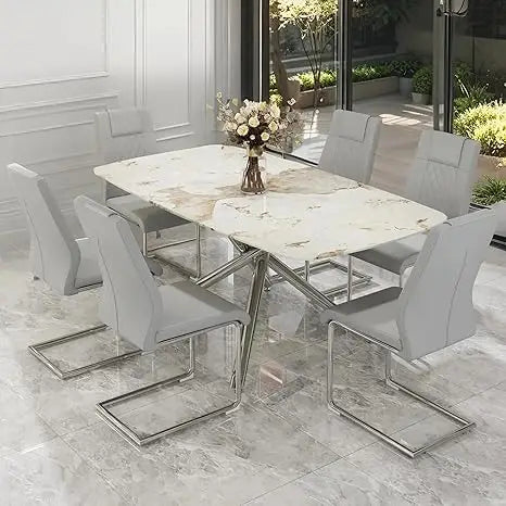 Modern Dining Table Set for 6, 63" Dinner Table Set for 6,Marble-Patterned Tempered Glass Kitchen Tabletop Silver Legs and 6 Bla