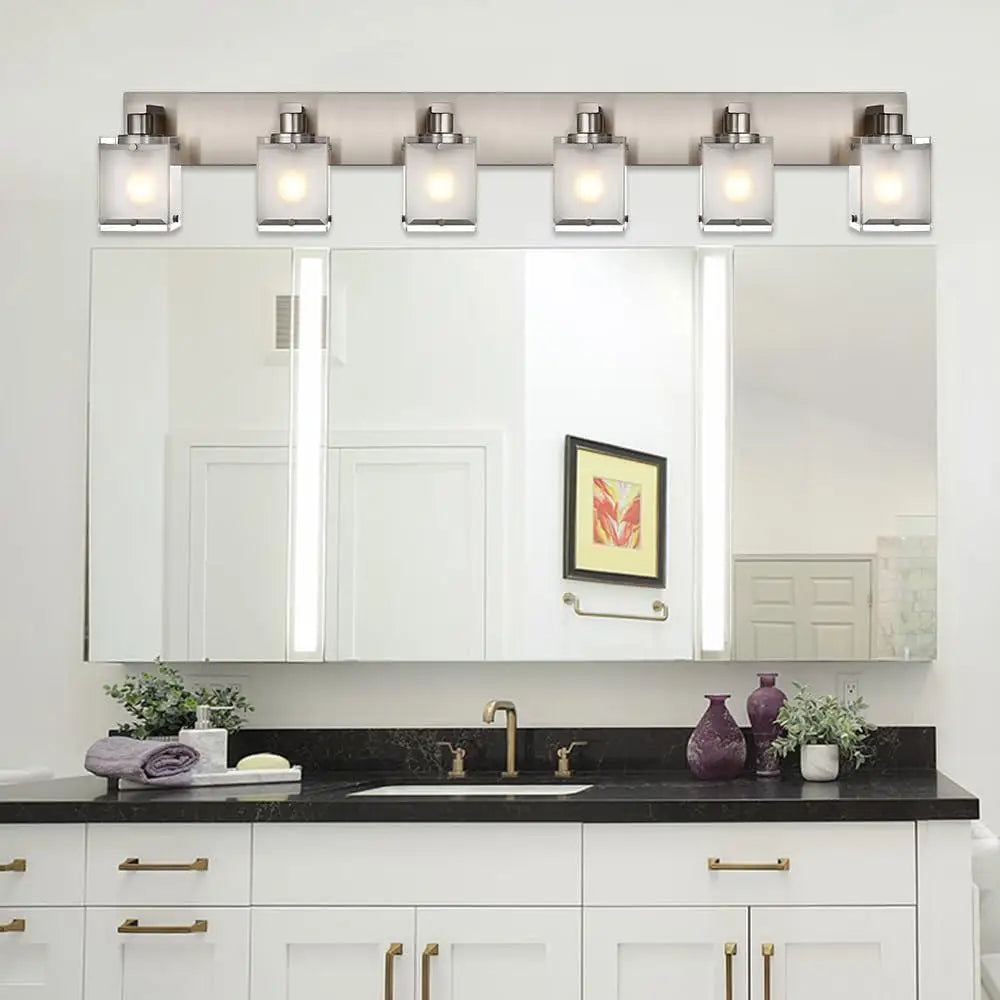 Modern Black Bathroom Vanity Light Fixture with 6 Frosted Glass Rectangular Shades