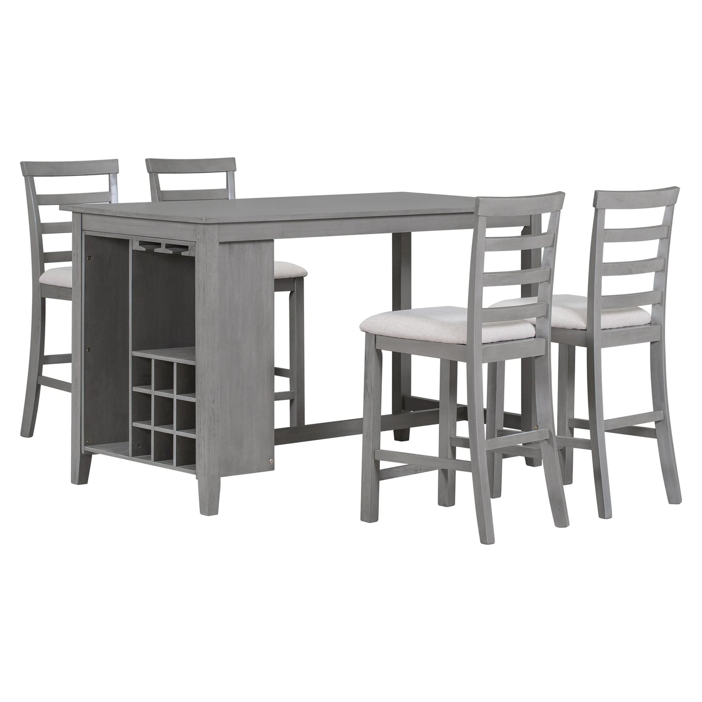 5-Pieces Dining Table Set With 4 Chairs 9 Bar Wine Compartment Wineglass Holders Wooden Rustic Set For Dining Room Kitchen