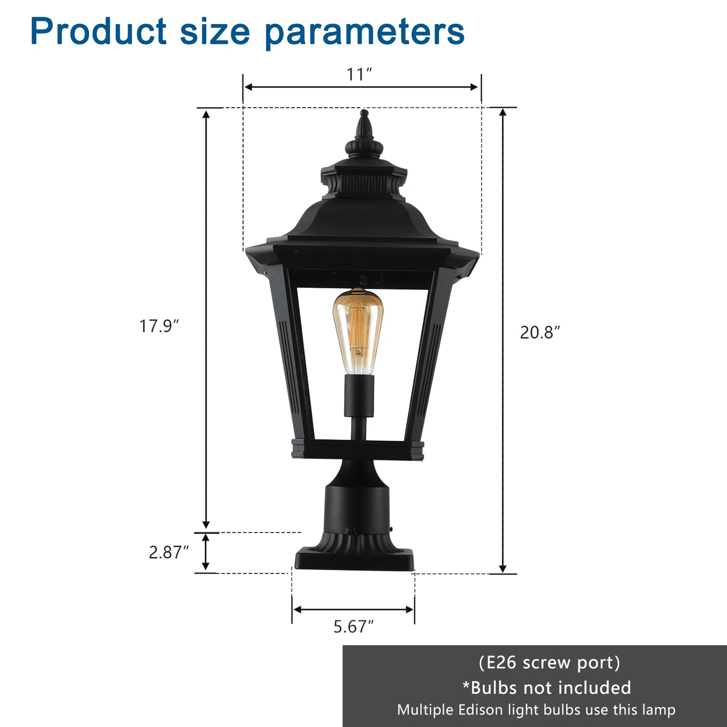 Outdoor Post Light, Black Finish Classic Lantern with Clear Glass Panels, Waterproof Exterior Lighting Fixture