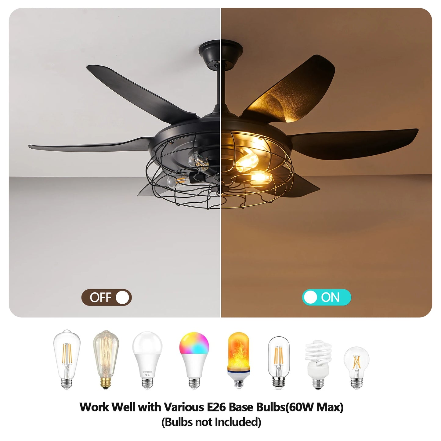ARLGSITE 52" Modern Cage Design Black Ceiling Fan Light Remote Control 6 Fan Blades Adjustable Speed for Living Room Bedroom