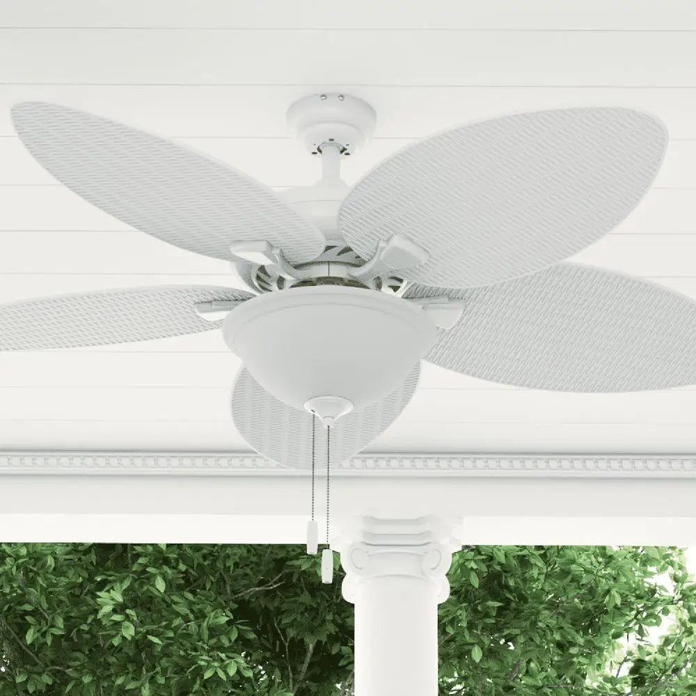 Tropical Ceiling Fan 52 Inch White Palm Leaf Blades Pull Chain Quiet Reversible Motor Indoor Outdoor Lighting Fixture