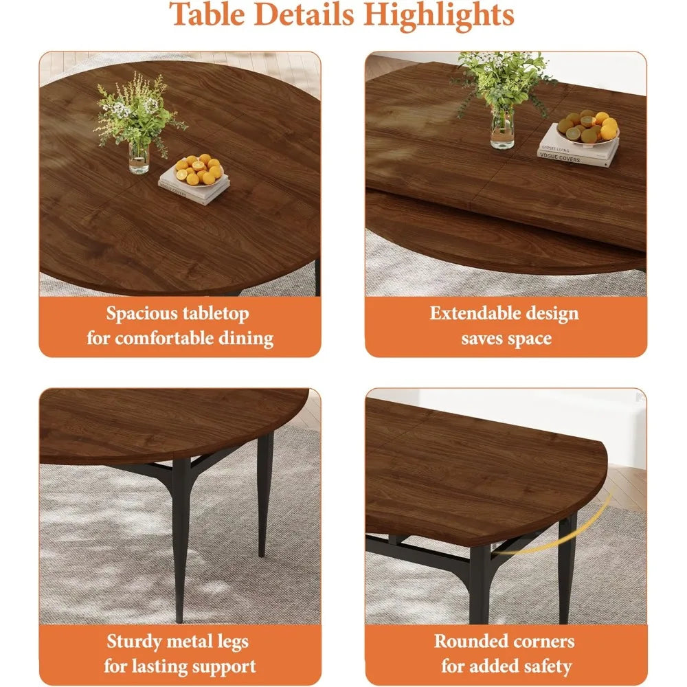 Expandable Folding Dining Table Set, 55-Inch Round to Square Table with 6 Upholstered Chairs, Metal Frame, for Dining Room or