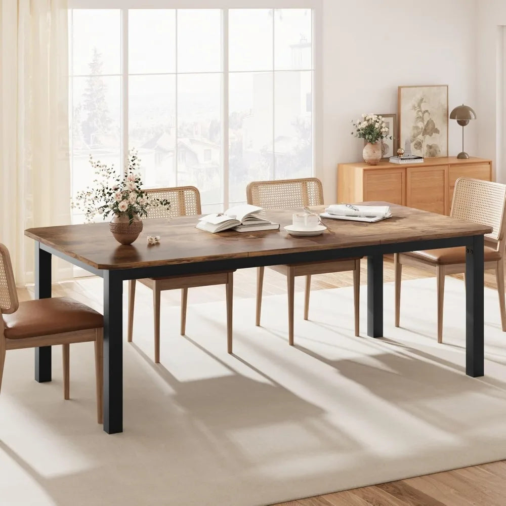 Industrial Dining Table for 6-8 People, 78.7Inch Long Wooden Kitchen Table with Sturdy Metal Frame & Rustic Brown Finish - Seats