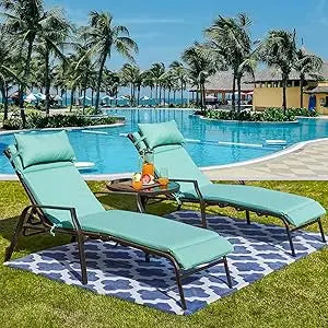 3 Pcs Chaise Lounge Set of 2 Patio Chairs with Adjustable Backrest in 4 Reclining Levels and 1 Metal Bistro Table with Tempered