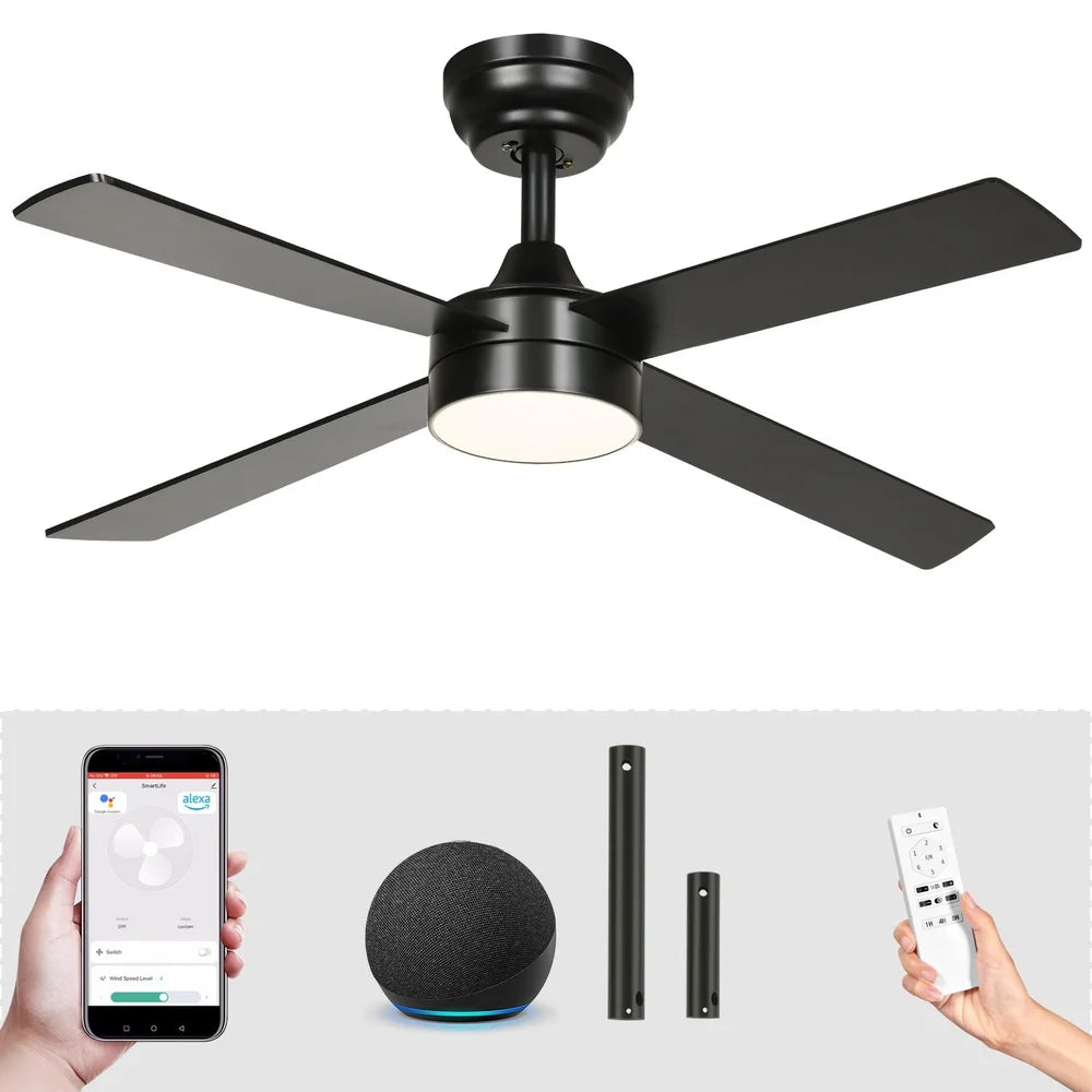 48 Inch Modern Black LED Ceiling Fan with Remote Control Alexa Compatible Reversible Quiet Motor Indoor Outdoor Use