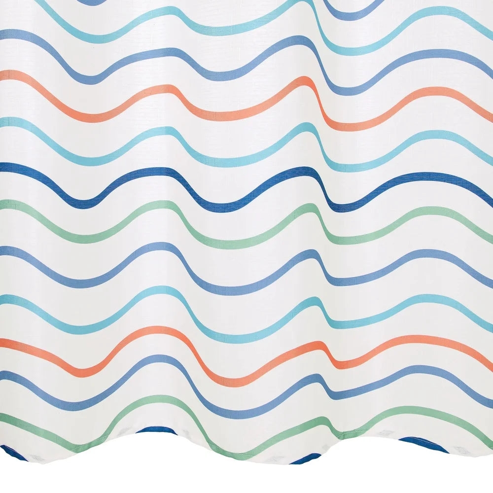 Coastal 13-piece Fabric Shower Curtain Set with Chrome Hooks Wavy Stripe Design Bathroom Privacy and Water Protection