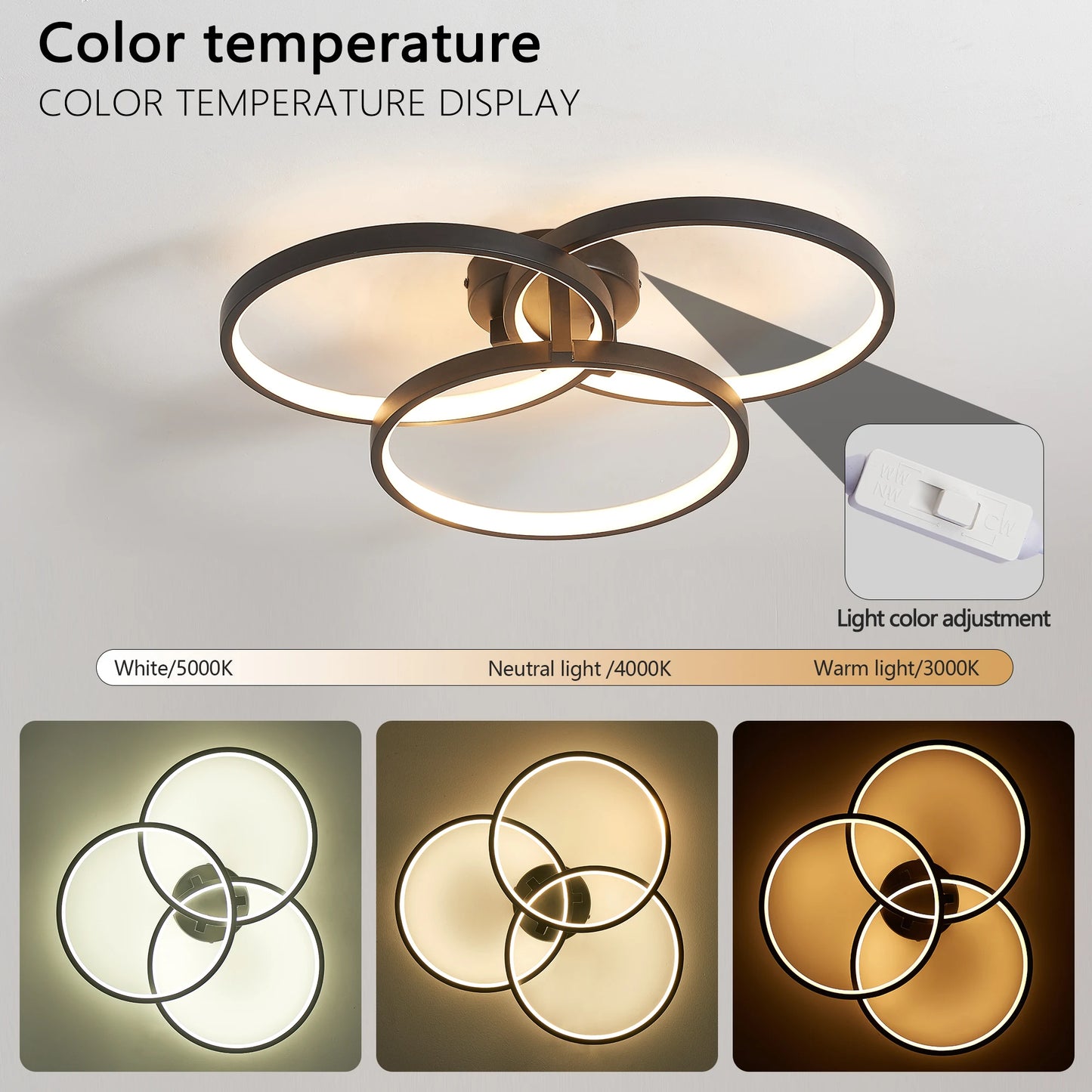 Modern LED Ceiling Light 3-Ring Flush Mount Fixture Black Finish Dimmable for Living Room/Bedroom/Dining Room