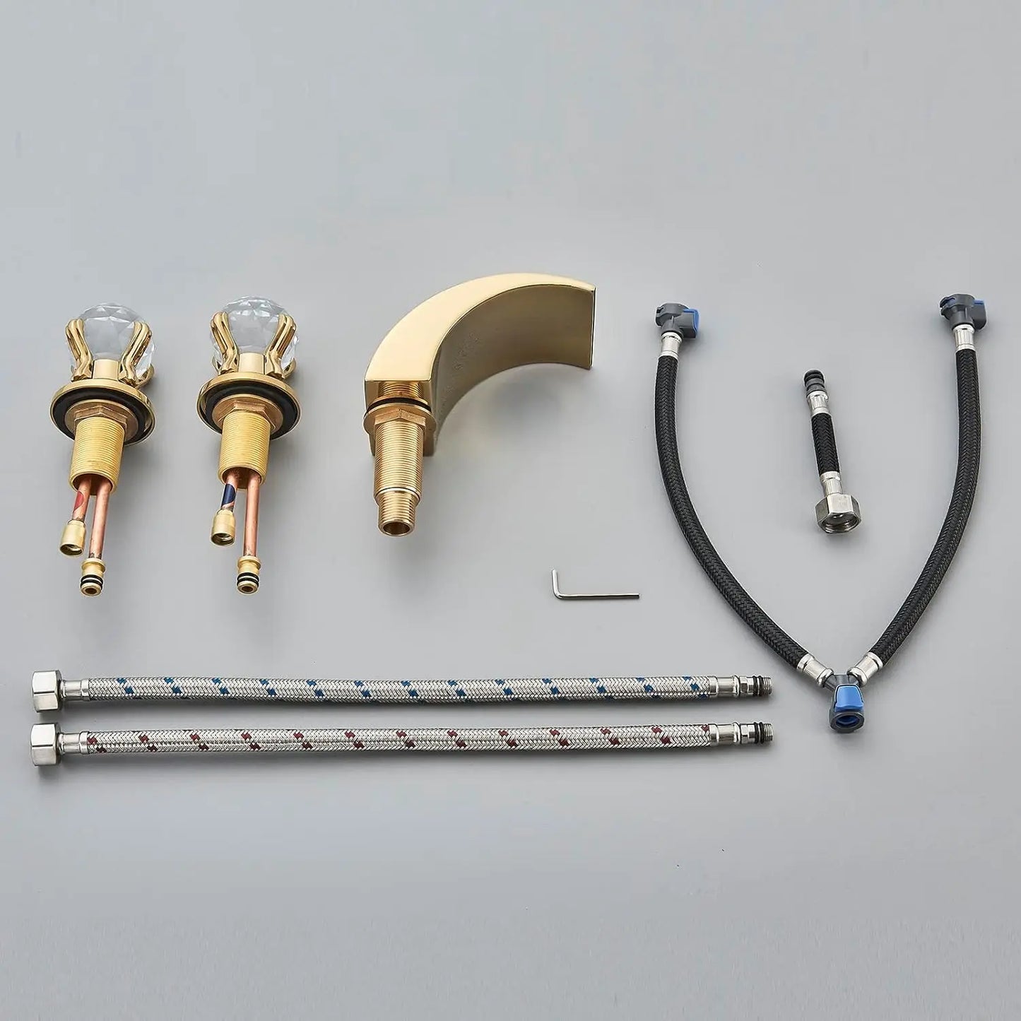 LED Widespread Bathroom Faucet Waterfall Gold Polished Lavatory Faucets Basin Mixer Tap 2 Crystal Knobs 3 Holes