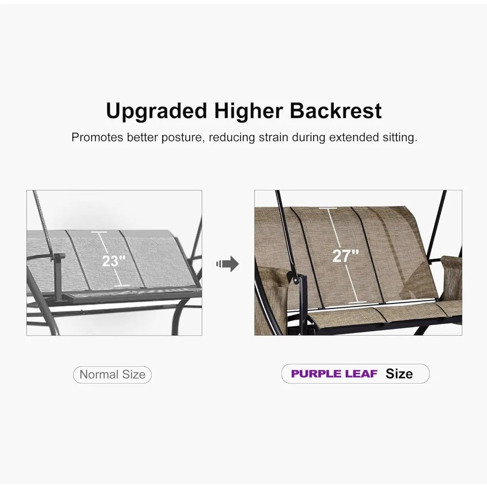 3-Seat Deluxe Outdoor Patio Porch Swing with Weather Resistant Steel Frame, Adjustable Tilt Canopy, Beige