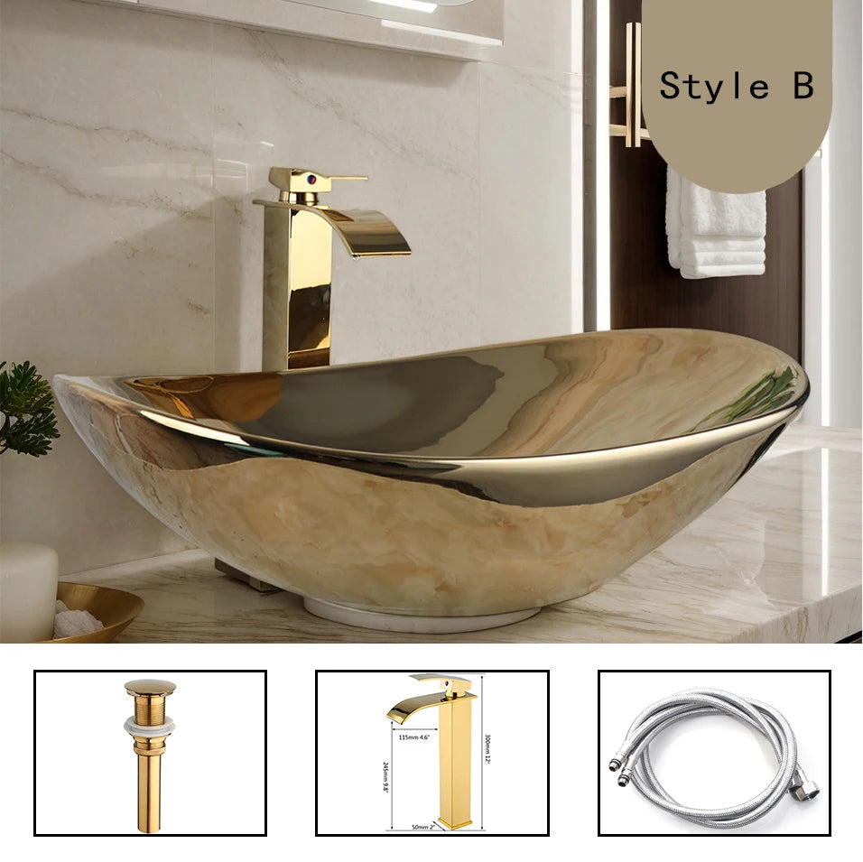 JIENI Gold Ceramic Vessel Sink Set Modern Bowl Washbasin Golden Faucet & Pop Up Drain Combo Basin Tap kit For Luxury Bathrooms