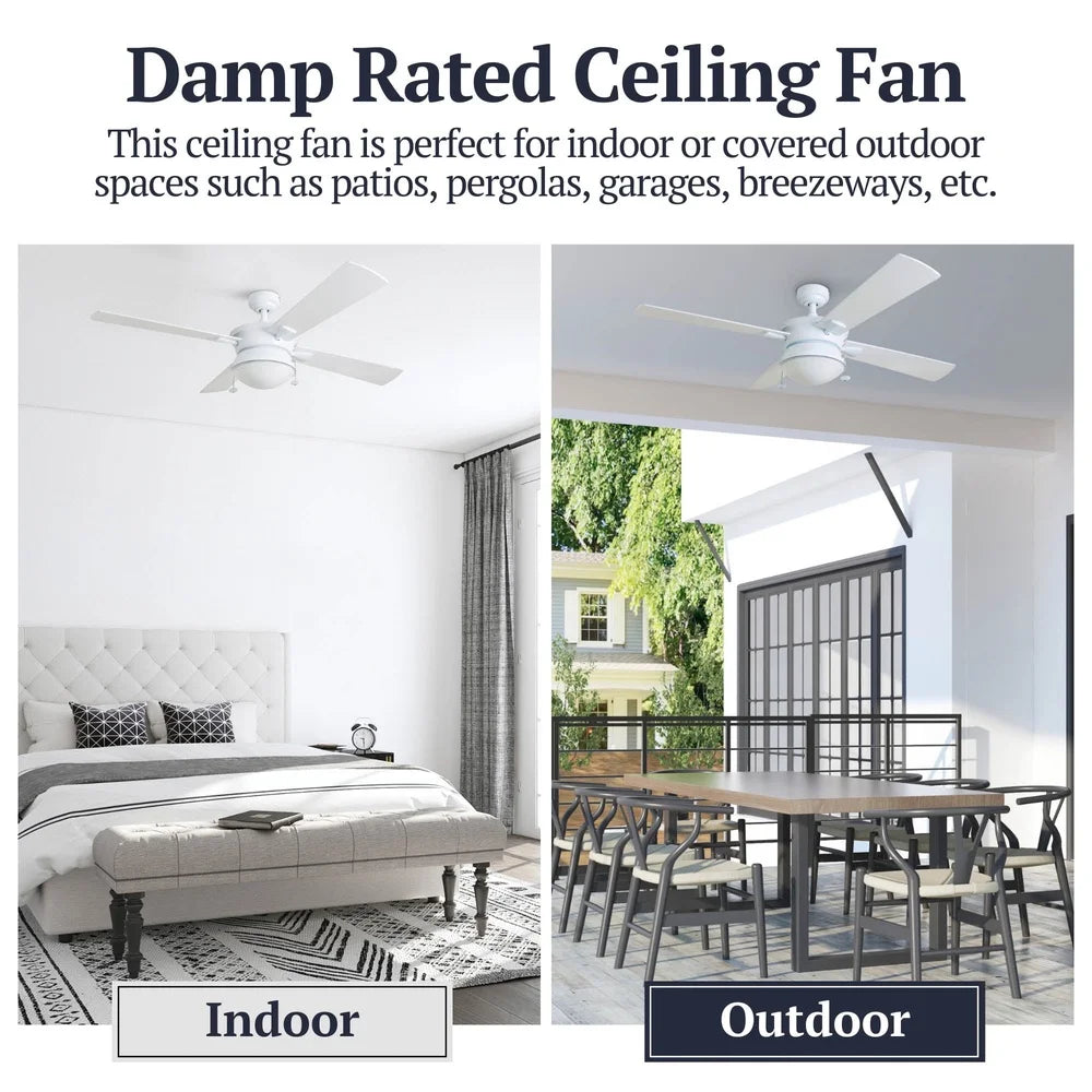 52 Inch Indoor Outdoor Ceiling Fan with 4 Blades Light Kit Quiet Reversible Motor Pull Chains Dual Mount Energy Efficient