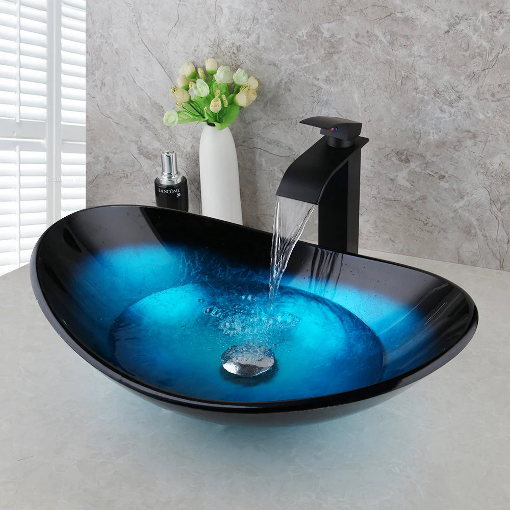 YANKSMART Bathroom Vessel Oval Sink Set Contemporary Tempered Glass Basin Black Faucet Chrome Pop-up Drain Combo Washbasin Kit