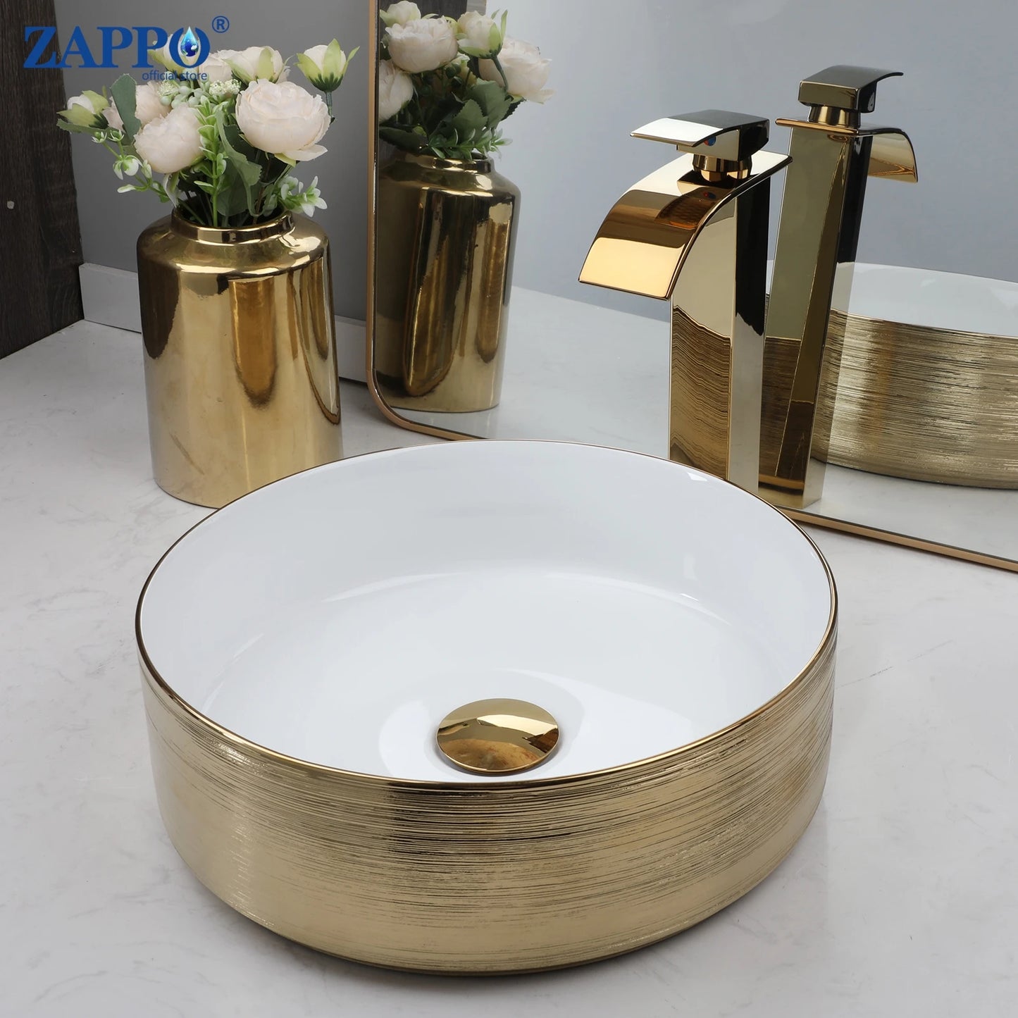 ZAPPO Luxury Gold Vessel Sink Round Ceramic Bathroom Sinks Above Counter Washing Sink Faucet Combo with Drain Deck Basin Sinks