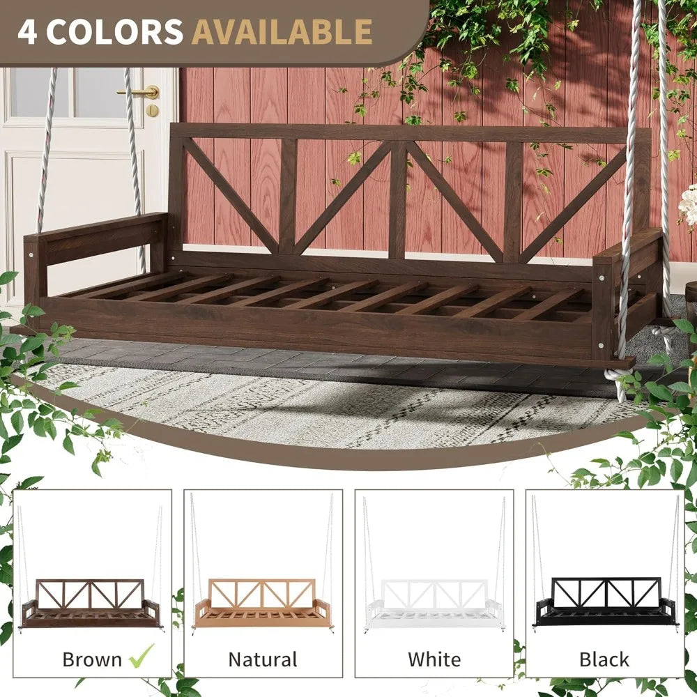 Patio Twin Size Garden Swing Bed, Acacia Wood Porch Swing Hanging Bed Frame with 16.4ft Hemp Ropes for Garden, Backyard, Brown